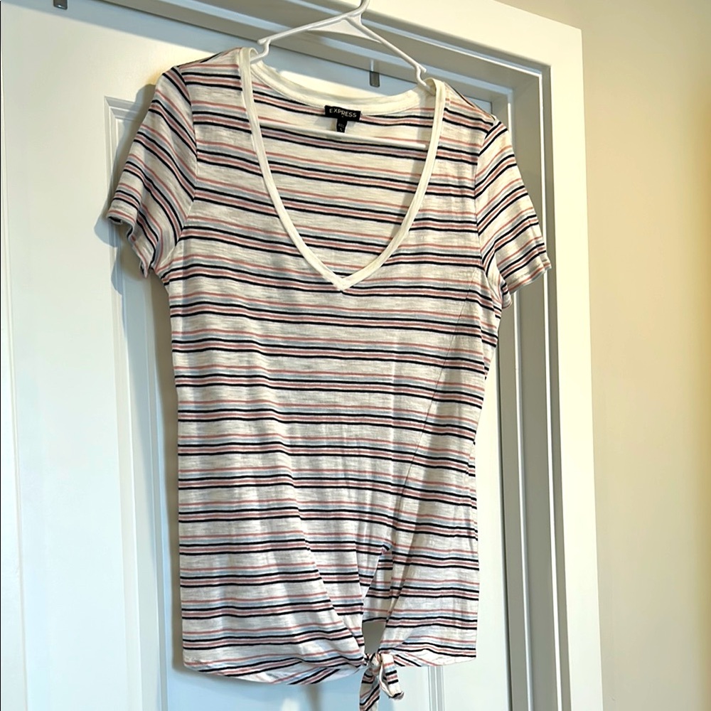 Express V-Neck Tie-Front Striped Tee - White, navy pink and grey